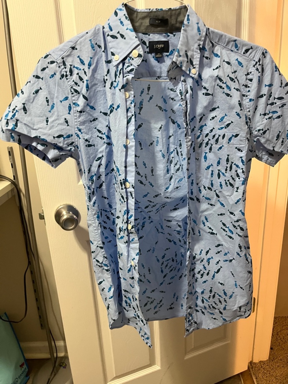J. Crew Light Blue Short-Sleeve Button-Down Shirt with Blue Fish Print